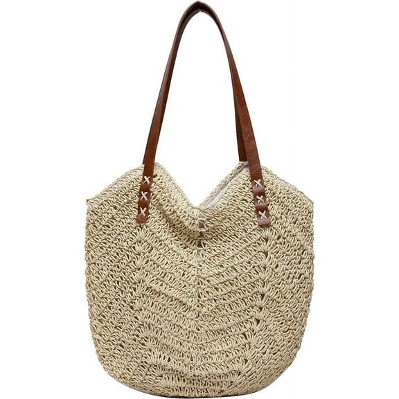Kukuzhu Straw Beach Bag, Summer Straw Woven Tote Bag Beach Purse Weaving Shoulder Handbags for Vacation