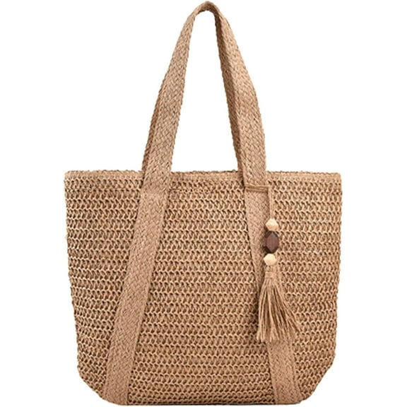 Kukuzhu Straw Beach Bag, Summer Woven Tote Bag with Tassels Large Shoulder Handbag Straw Purses and Handbags for Women