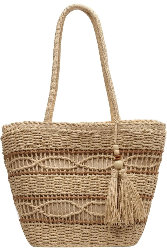 Straw Beach Bag, Summer Woven Tote Bag with Tassels Shoulder Handbag Straw Purses and Handbags for Women