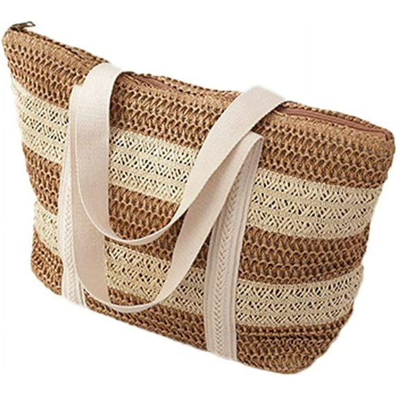 Kukuzhu Straw Beach Bag Women Summer Handmade Woven Large Tote Bag Striped Straw Handbag Shoulder Bag for Travel Vacation