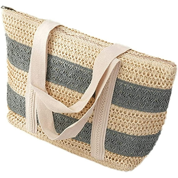 Kukuzhu Straw Beach Bag Women Summer Handmade Woven Large Tote Bag Striped Straw Handbag Shoulder Bag for Travel Vacation