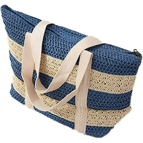 Kukuzhu Straw Beach Bag Women Summer Handmade Woven Large Tote Bag Striped Straw Handbag Shoulder Bag for Travel Vacation
