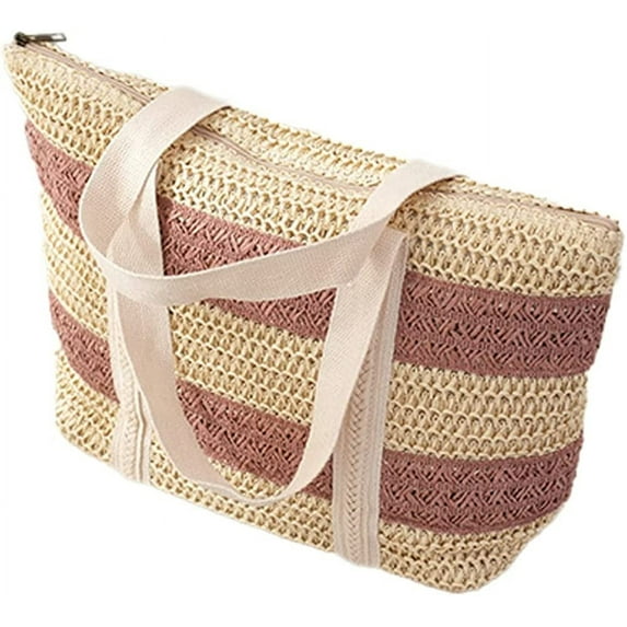 Kukuzhu Straw Beach Bag Women Summer Handmade Woven Large Tote Bag Striped Straw Handbag Shoulder Bag for Travel Vacation