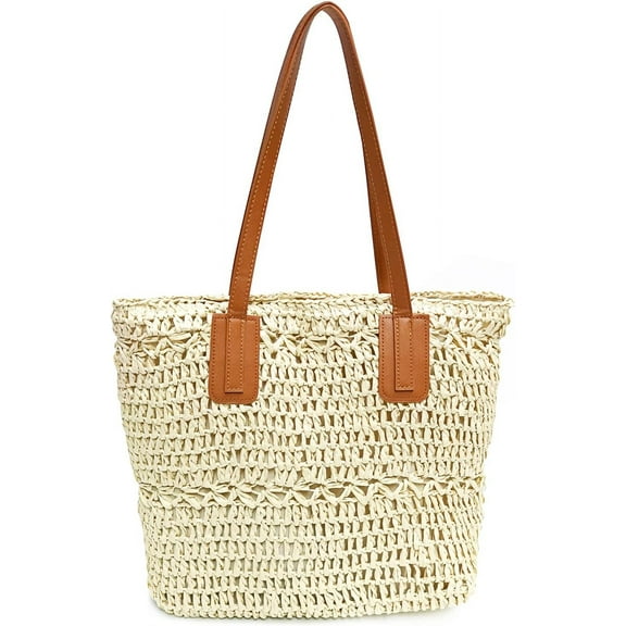 Kukuzhu Straw Beach Bag for Women Woven Structured Tote Bag Summer Shoulder Handbags