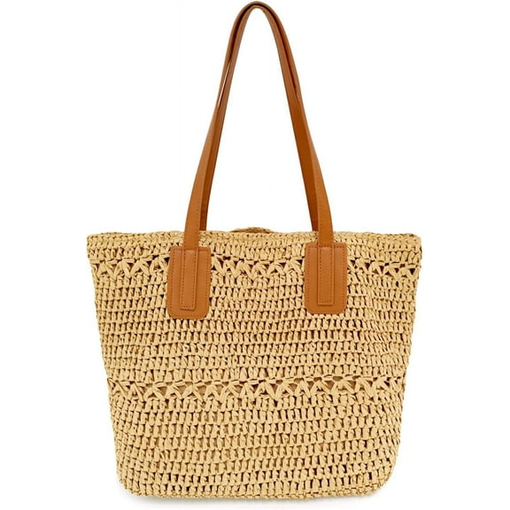 Kukuzhu Straw Beach Bag for Women Woven Structured Tote Bag Summer Shoulder Handbags