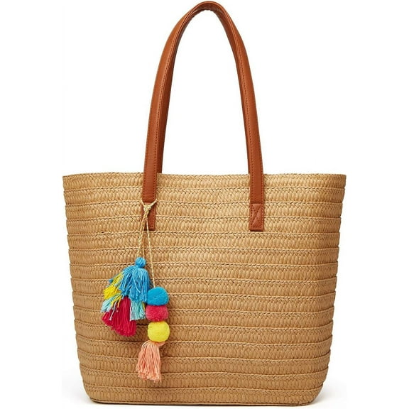 Kukuzhu Straw Beach Bags Tote Tassels Bag Hobo Summer Handwoven Shoulder Bags Purse With Pom Poms