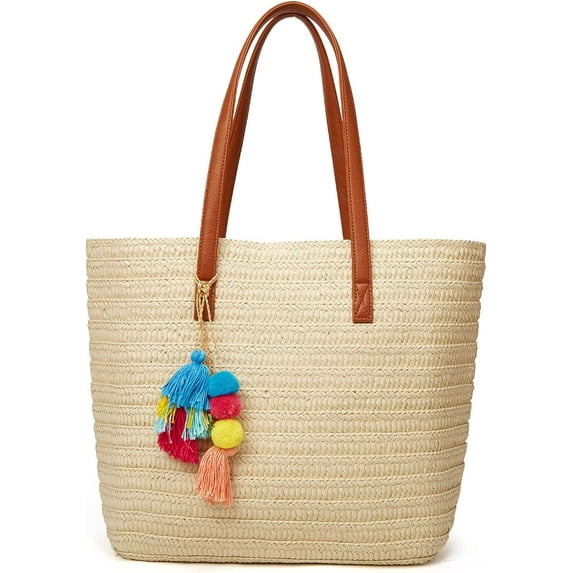 Kukuzhu Straw Beach Bags Tote Tassels Bag Hobo Summer Handwoven Shoulder Bags Purse With Pom Poms