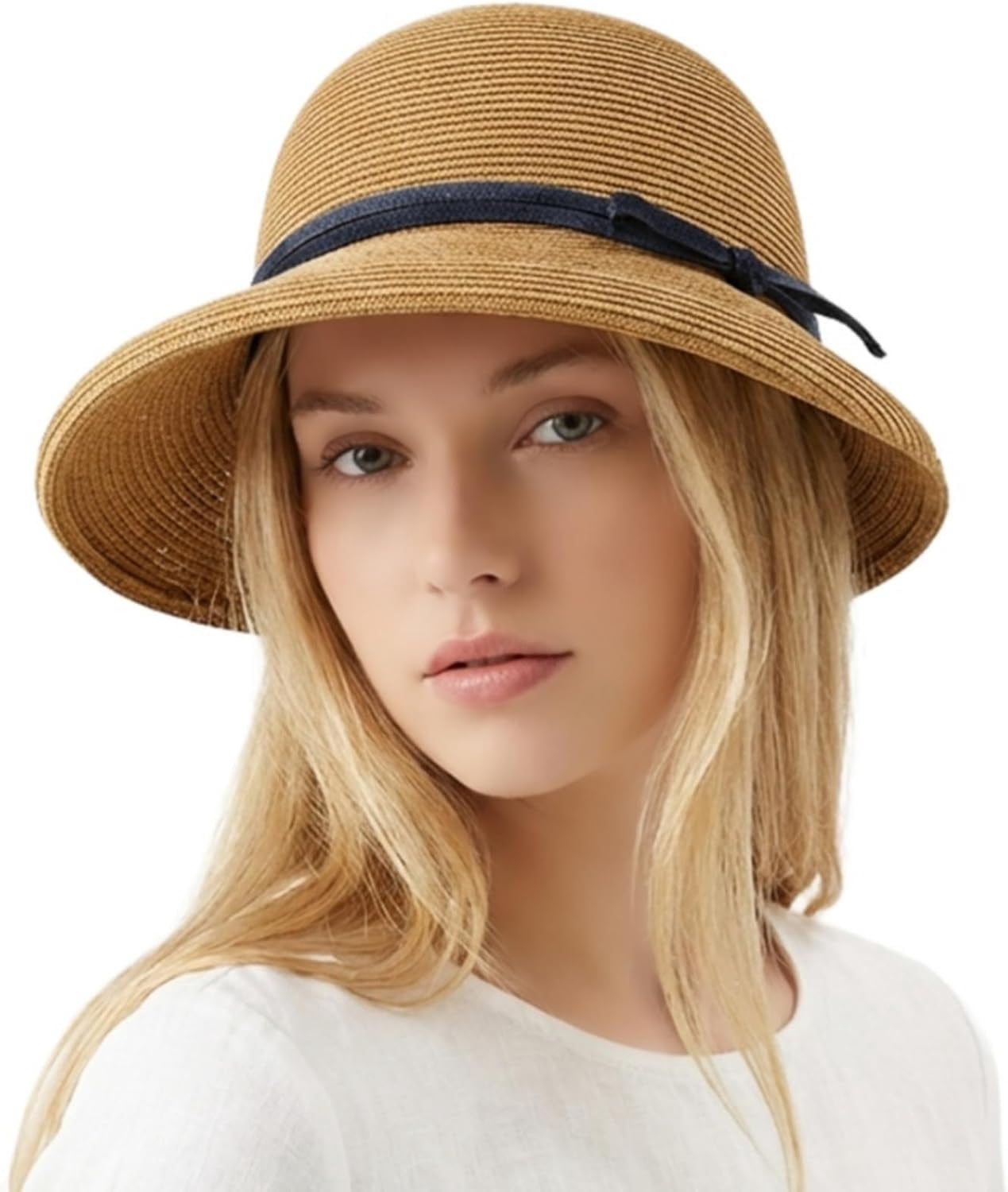 Kukuzhu Straw Bonnet Hat for Women, Wide Brim Foldable Packable Sun Bucket Hat UPF50+ Summer Beach Cap for Travel Outdoor