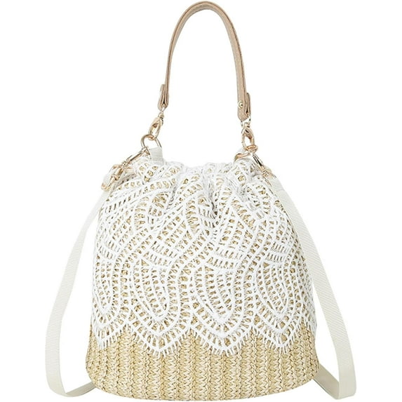 Kukuzhu Straw Bucket Bag for Women, Summer Straw Beach Bag Woven Bucket Bag Drawstring Purses Hobo Handbag for Vacation