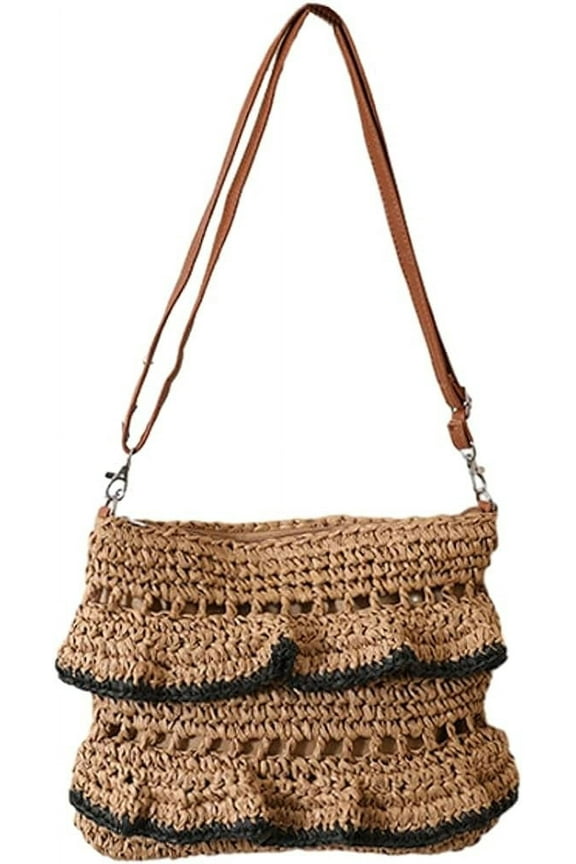 Straw Crossbody Bag for Women Summer Beach Purse Handmade Woven Shoulder Bag Straw Clutch Bag with Ruffled Edge
