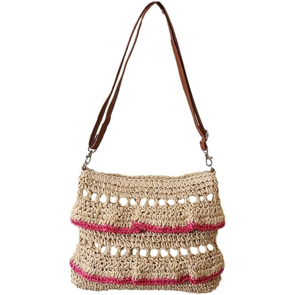Kukuzhu Straw Crossbody Bag for Women Summer Beach Purse Handmade Woven Shoulder Bag Straw Clutch Bag with Ruffled Edge