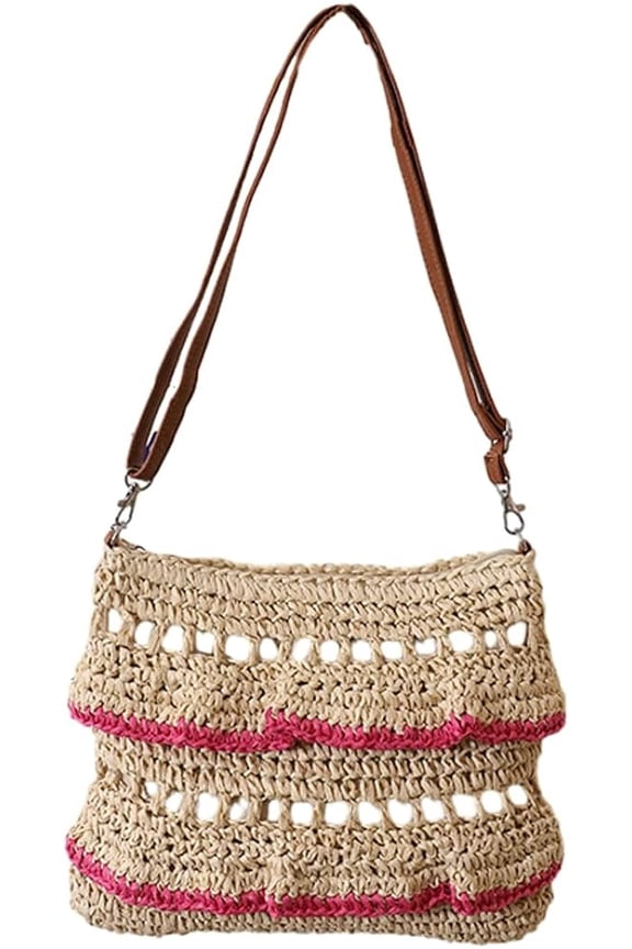 Straw Crossbody Bag for Women Summer Beach Purse Handmade Woven Shoulder Bag Straw Clutch Bag with Ruffled Edge