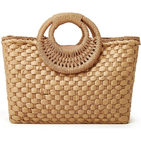 Kukuzhu Straw Hobo Bags for Women Retro Handbags Hand-woven Large Bag Round Handle Ring Totes Summer Beach Rattan Purses
