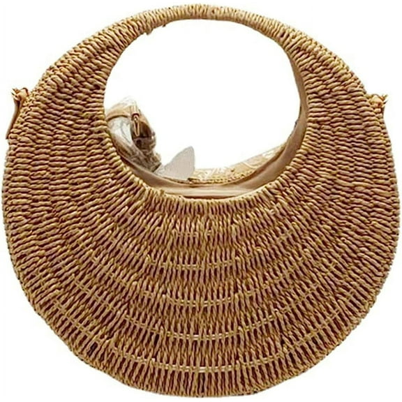 Kukuzhu Straw Tote Bag Summer Beach Bag for Women Handmade Round Straw Rattan Woven Handbag for Travel