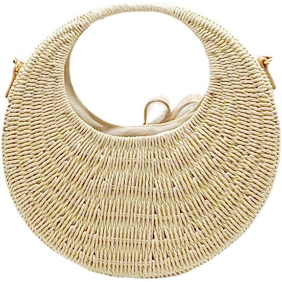 Kukuzhu Straw Tote Bag Summer Beach Bag for Women Handmade Round Straw Rattan Woven Handbag for Travel