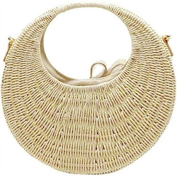 Kukuzhu Straw Tote Bag Summer Beach Bag for Women Handmade Round Straw Rattan Woven Handbag for Travel