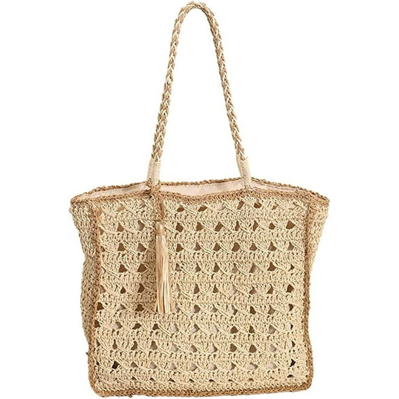 Kukuzhu Straw Tote Bag Women Summer Large Beach Bag Handmade Woven Hollow Out Shoulder Bag Handbag for Daily Travel Vacation