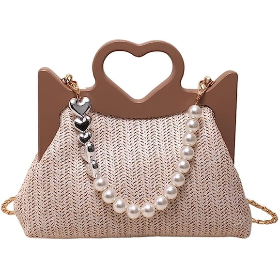 Kukuzhu Straw Tote Bag for Women Mini Pearl Handbag Purses Summer Woven Crossbody Shoulder Bag Straw Beach Bag with Heart Handle