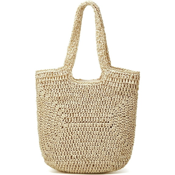 Kukuzhu Straw Tote Bag for Women Woven Beach Handbag Handmade Crochet Casual Straw Shoulder Bags Summer Bohemian Hobo Bags