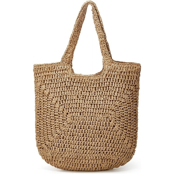 Kukuzhu Straw Tote Bag for Women Woven Beach Handbag Handmade Crochet Casual Straw Shoulder Bags Summer Bohemian Hobo Bags