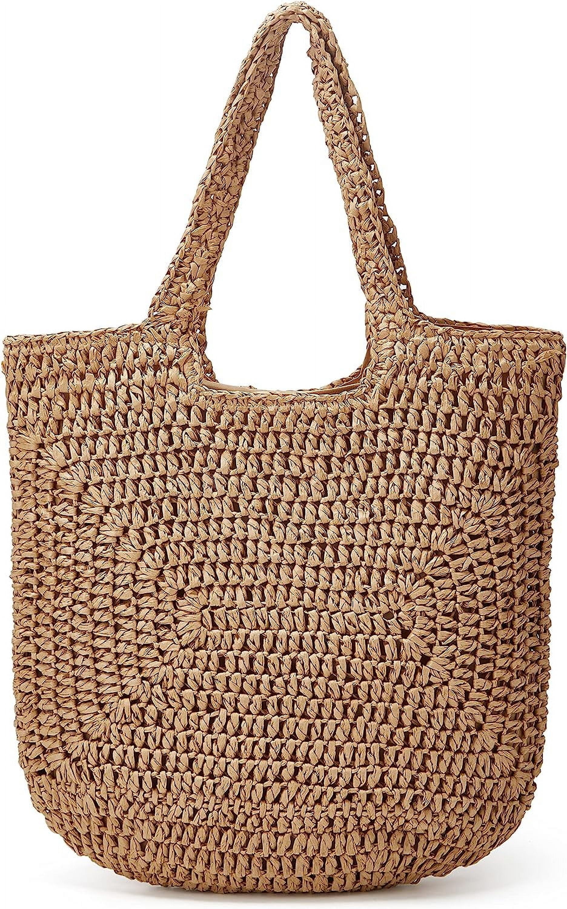 Kukuzhu Straw Tote Bag for Women Woven Beach Handbag Handmade Crochet Casual Straw Shoulder Bags Summer Bohemian Hobo Bags