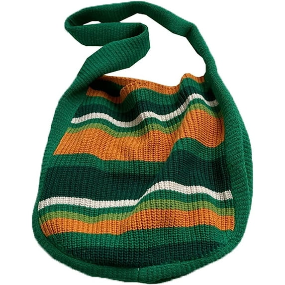 Kukuzhu Striped Crocheted Shoulder Bag for Women Colorful Woven Crossbody Hobo Knitted Tote Bag Tote Cute Purse