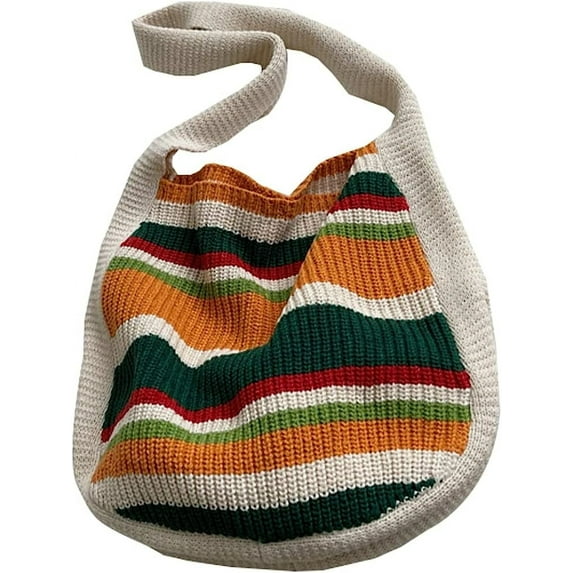 Kukuzhu Striped Crocheted Shoulder Bag for Women Colorful Woven Crossbody Hobo Knitted Tote Bag Tote Cute Purse