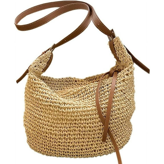 Kukuzhu Summer Beach Bag, Women Handmade Woven Straw Shoulder Bag, Casual Tote Bag