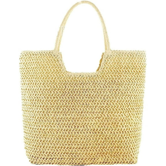 Kukuzhu Summer Beach Bag, Women Handmade Woven Straw Shoulder Bag, Large Travel Tote Bag