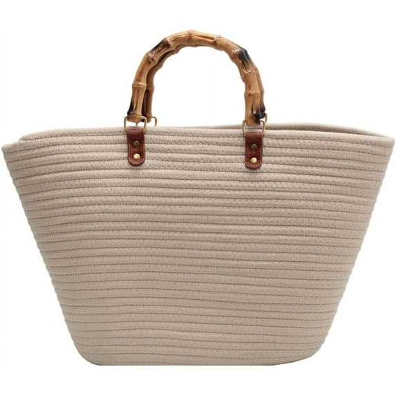 Kukuzhu Summer Beach Bag for Women Bamboo Handle Handbag Purse Soft Woven Tote Bag Handmade Beach Purse for Vacation