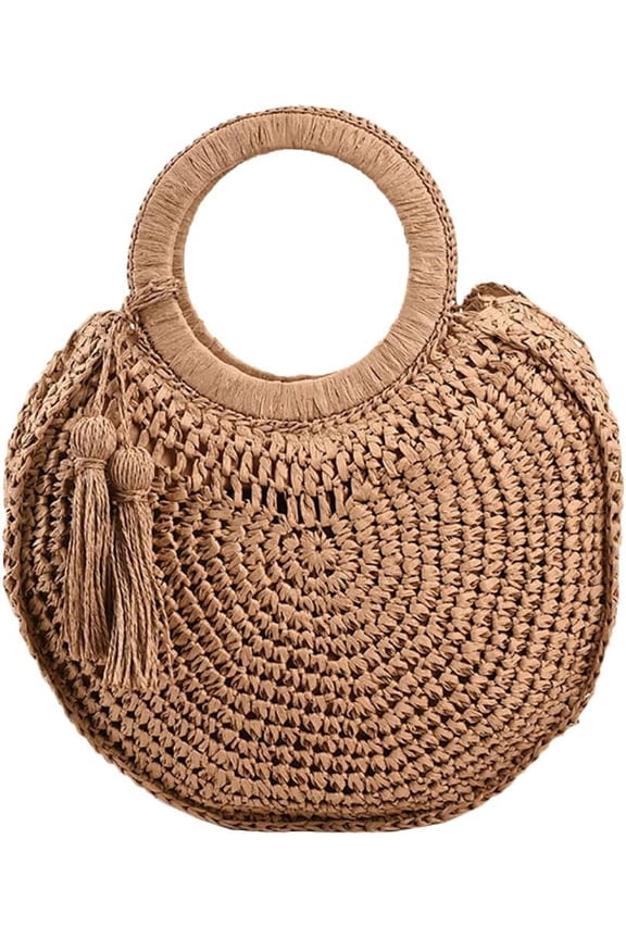 Summer Beach Straw Handbag Hand-Woven Tassel Trendy Round Tote Bag Purse for Women Girls
