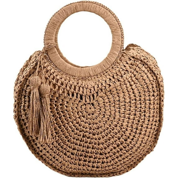 Kukuzhu Summer Beach Straw Handbag Hand-Woven Tassel Trendy Round Tote Bag Purse for Women Girls
