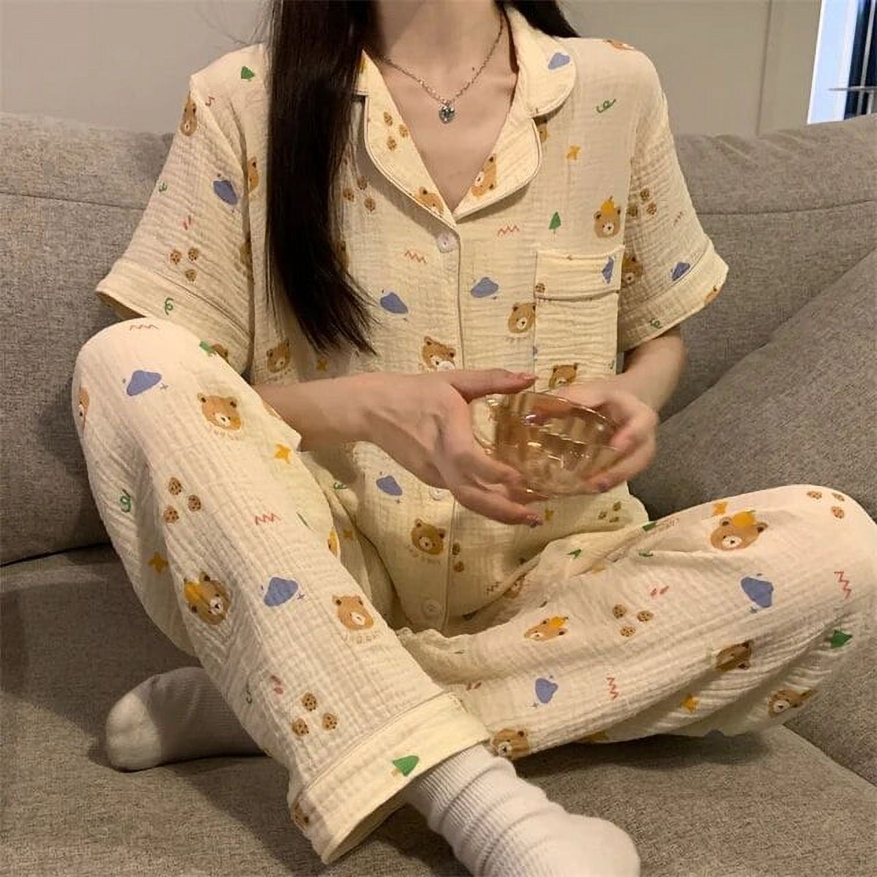 Kukuzhu Summer Cotton Short Sleeve Long Pants Pajama Sets For Women