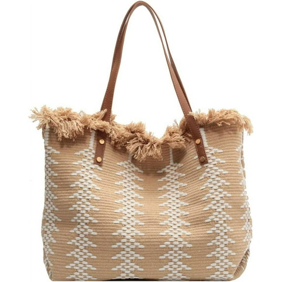 Kukuzhu Summer Hand-Woven Beach Straw Bag Women Fashion Large Stripe Tassels Travel Holiday Shoulder Bag Tote Bag