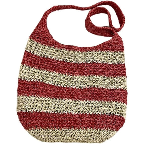 Kukuzhu Summer Hand-Woven Beach Straw Bag Women Fashion Large Stripe Travel Holiday Shoulder Bag Tote Bag