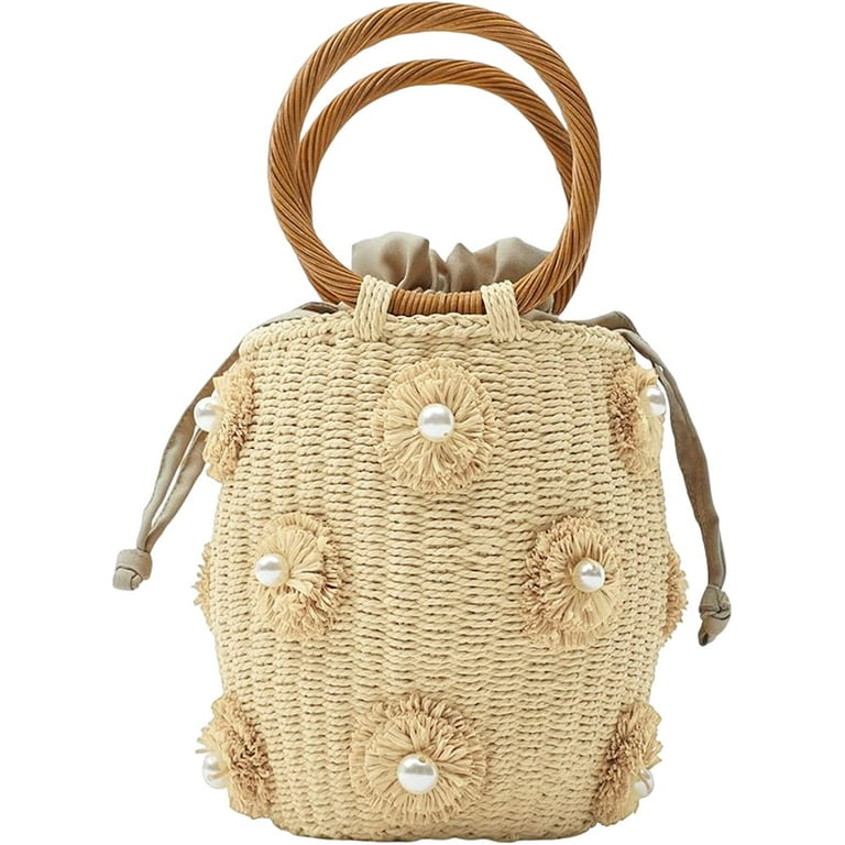 Kukuzhu Summer Straw Bag for Women Pearl Flower Bucket Tote Bag Diamond Handbag Hand Woven Rattan Shell Purse Drawstring Walmart