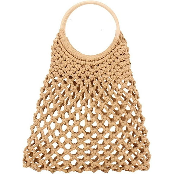 Kukuzhu Summer Straw Beach Bag Handmade Cotton Rope Woven Handbags Fishing Net Storage Bag