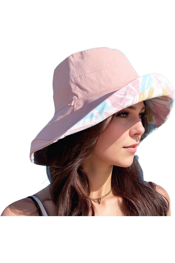 Sun Hat for Women Wide Brim Reversible Bucket Hat UV Protection Foldable Summer Hat with Chin Strap Beach Hat for Travel