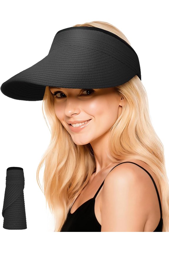 Sun Hats Visor for Women, Straw Beach Hat Adjustable Wide Brim Ponytail Packable for Summer Travel UPF 50+