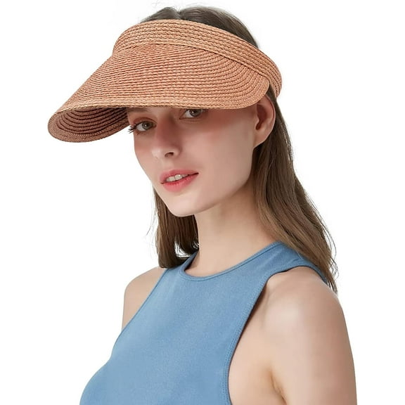 Kukuzhu Sun Visor Hats Empty Top Baseball Cap Straw Beach Cap Clip On Head Cap Large Brim Visor Cap Summer Golf Hats for Women