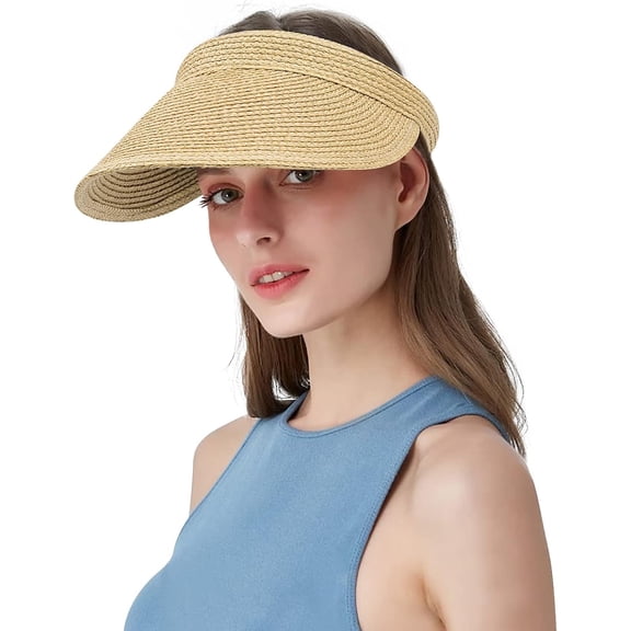 Kukuzhu Sun Visor Hats Empty Top Baseball Cap Straw Beach Cap Clip On Head Cap Large Brim Visor Cap Summer Golf Hats for Women