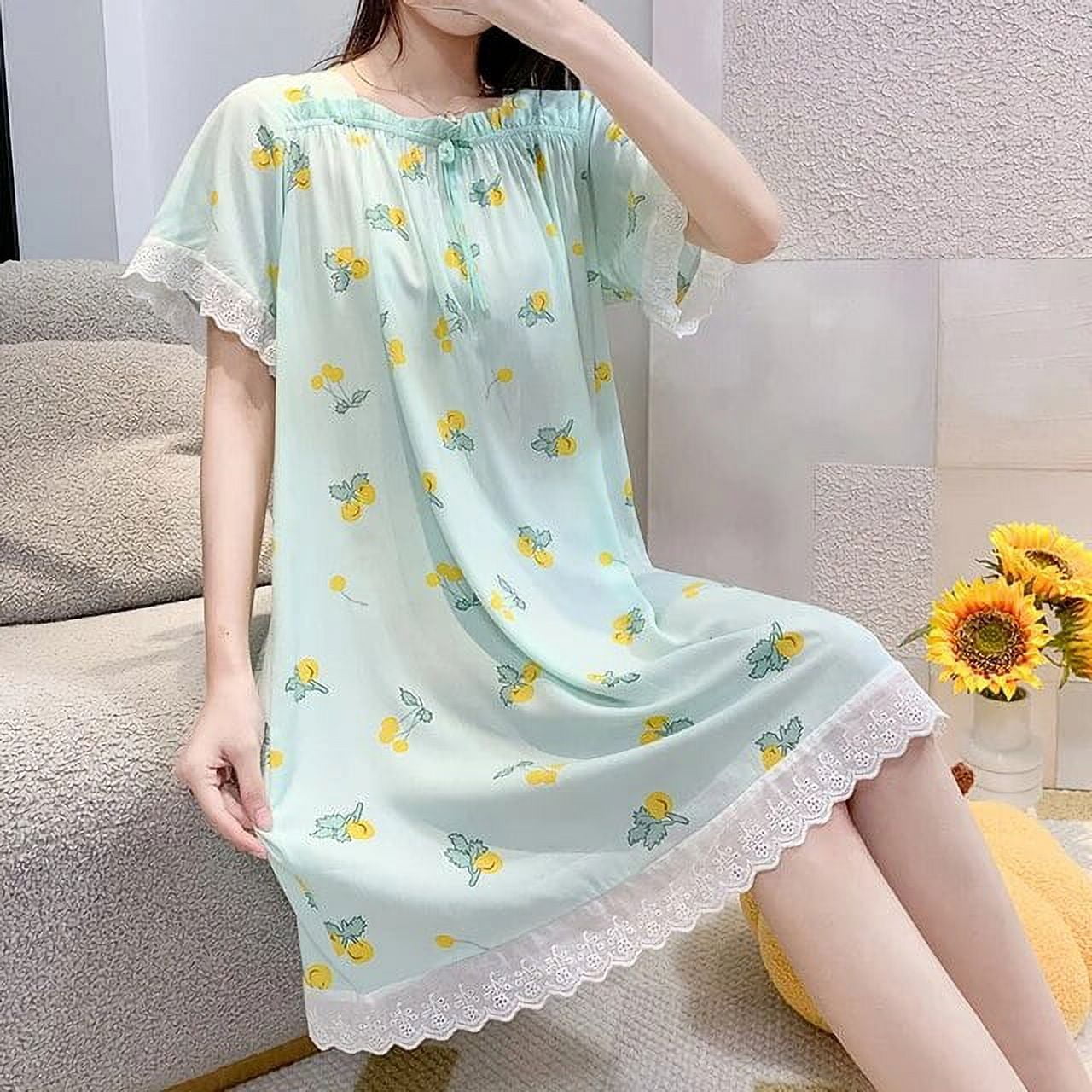 Kukuzhu Sweet Nightdress Women Cotton Short Sleeve Nightgowns Floral