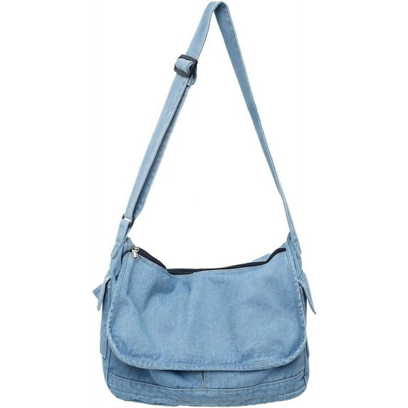 Kukuzhu Unisex Denim Tote Bag Casual Canvas Bag Denim Shoulder Bag Retro Crossbody Bag Large Hobo Bag Lightweight Messager Bag