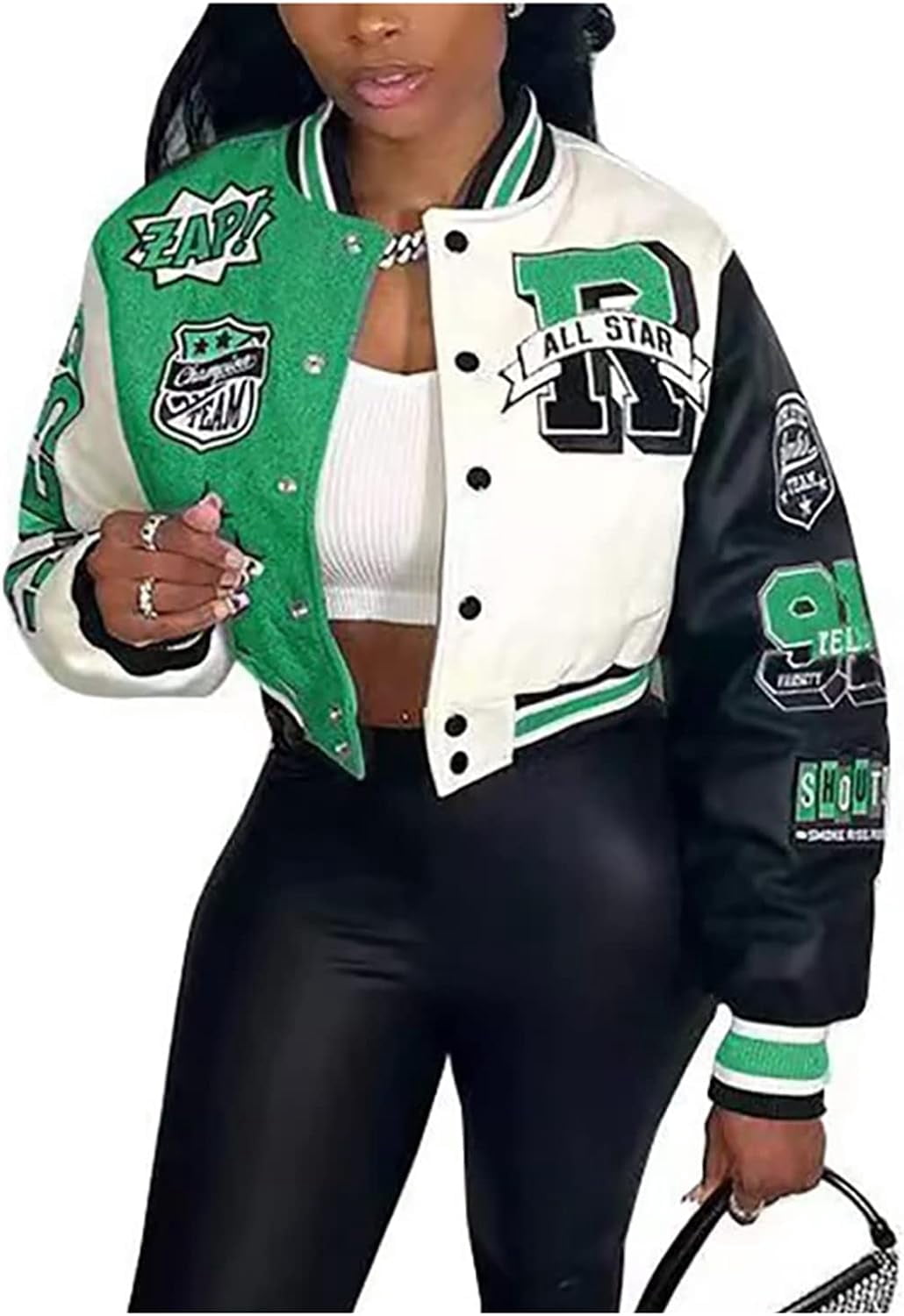 Kukuzhu Varsity Jacket Women Letterman Jacket Colorblock Y2K Cropped Bomber Jacket College