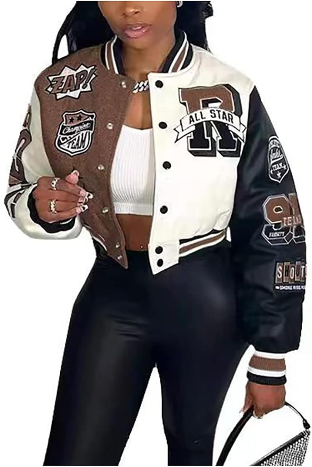 Kukuzhu Varsity Jacket Women Letterman Jacket Colorblock Y2K Cropped