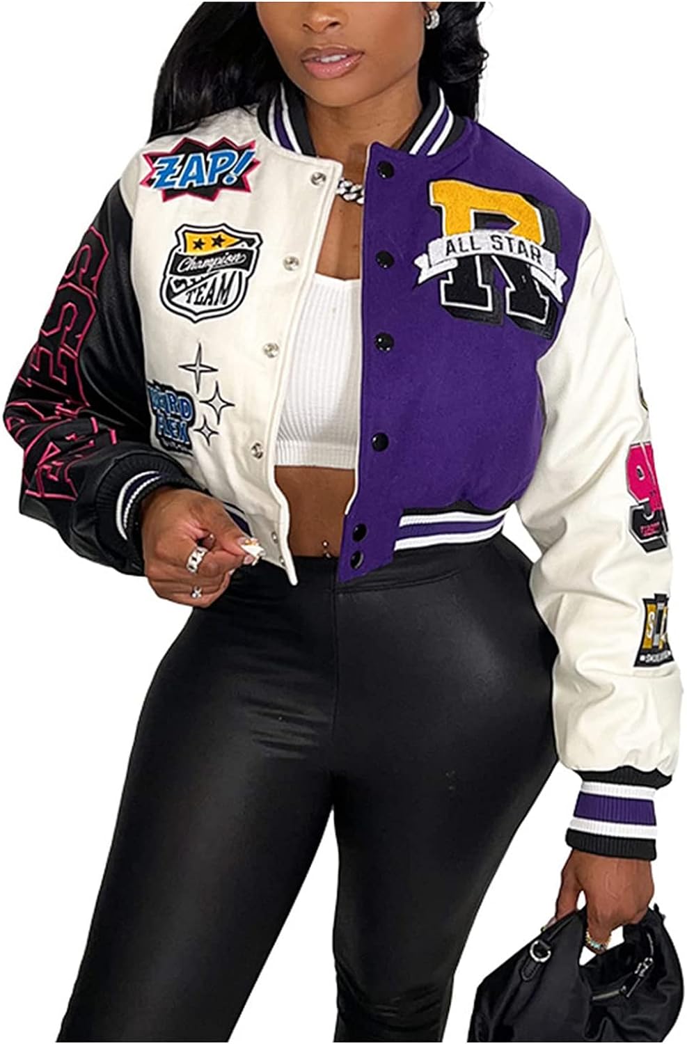 Kukuzhu Varsity Jacket Women Letterman Jacket Colorblock Y2K Cropped Bomber Jacket College