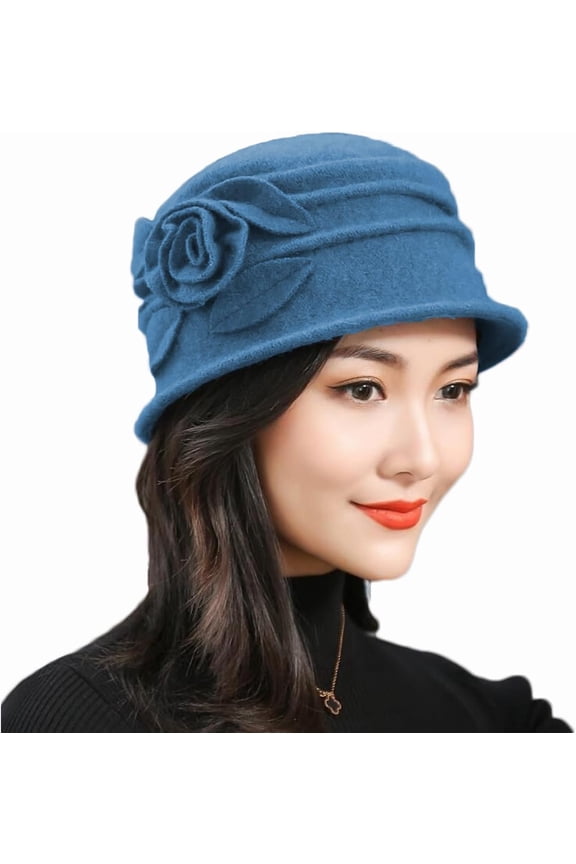 Vintage Floral Wool Dress Cloche Hats for Women 1920s Flower Accent Solid Winter Hat Church Party Fedora Bucket Hat