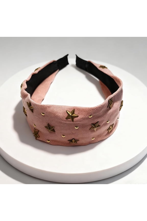 Vintage Star Studded Wide Headband - 5 Colors Edgy Retro Hair Accessory for Women, Non-Slip Comfort Headpiece for Daily, Party & Festive Looks (Pink)