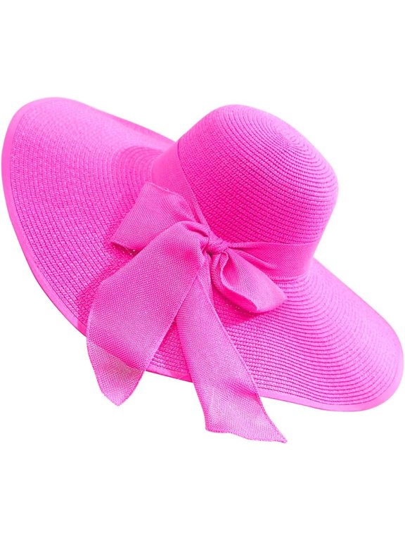 Wide Brim Straw Sun Hat for Women, Foldable Beach Hat with Bow UV Protection Summer Floppy Hat for Travel and Vacation