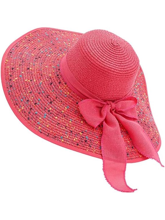 Wide Brim Straw Sun Hat for Women, Foldable Beach Hat with Bow UV Protection Summer Floppy Hat for Travel and Vacation